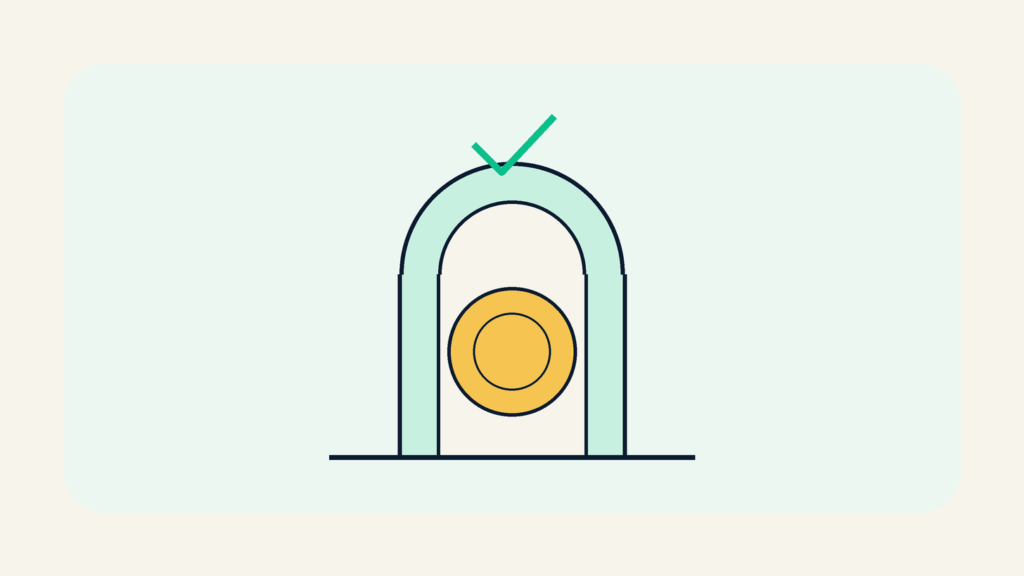 A coin passing through an open doorway with a small checkmark