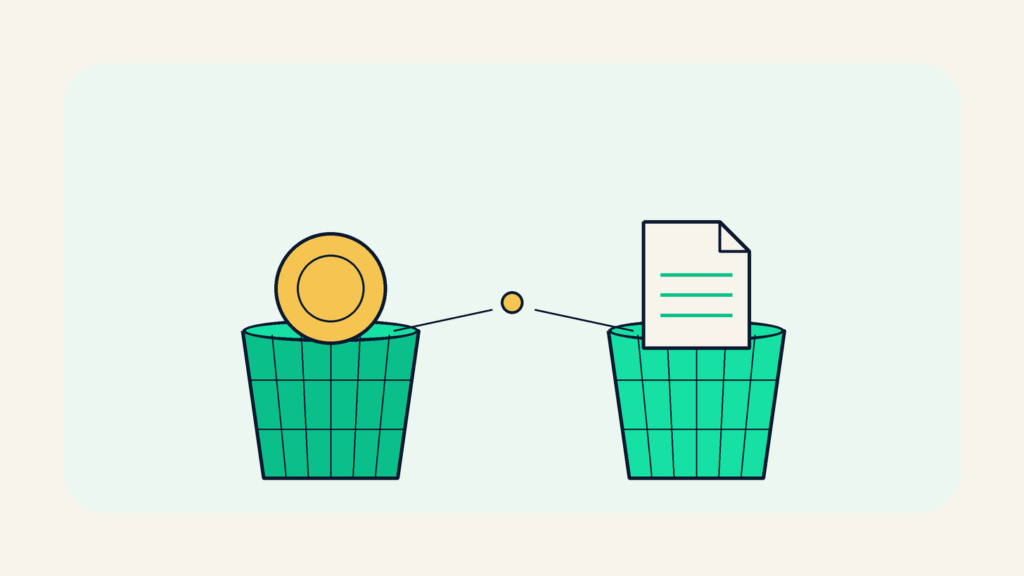 Two soft baskets one holding a coin one holding a paper contract