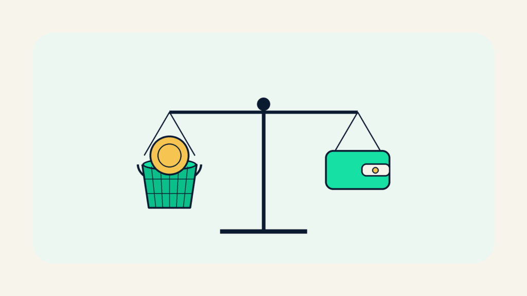 A balance scale weighing a fund basket against a personal wallet