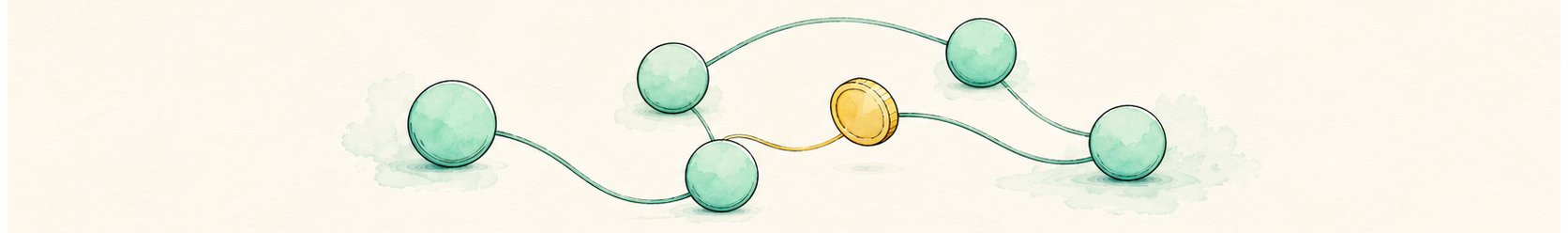 a network of soft nodes with a coin flowing along a line