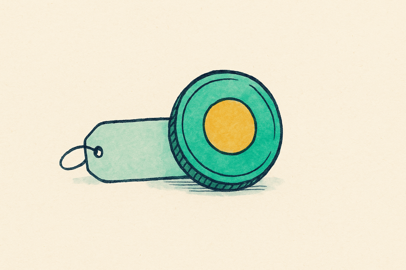 A single coin beside a small blank tag