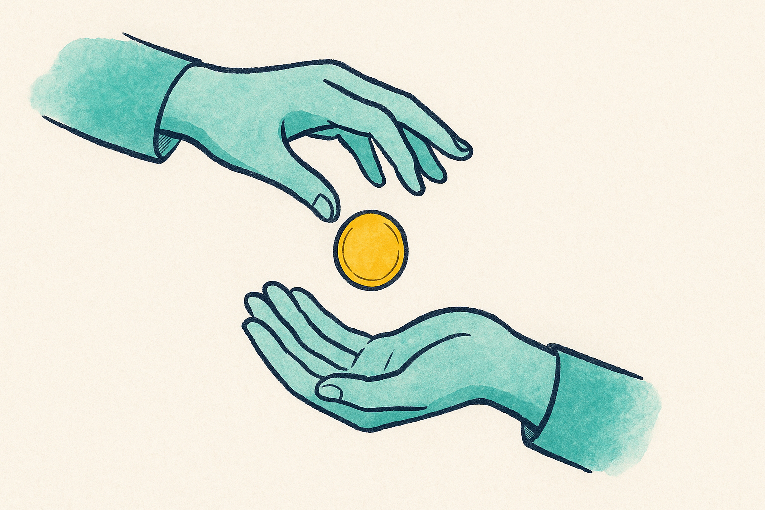 A coin passing from one hand to another