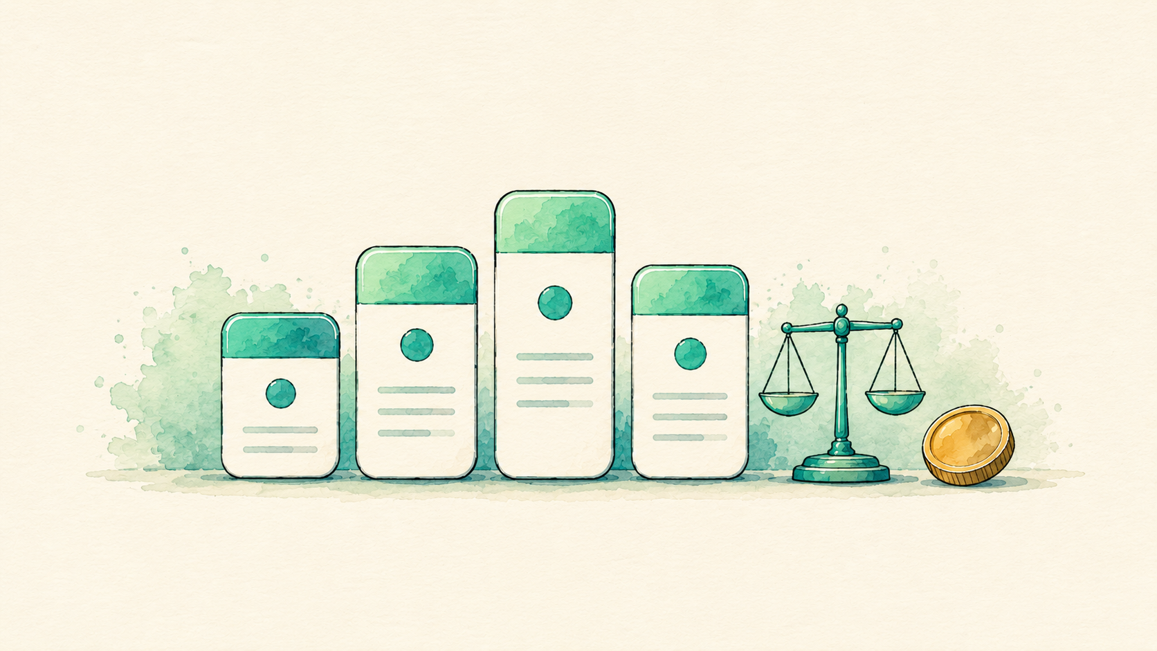 rounded comparison cards of different heights beside a balance scale and a coin