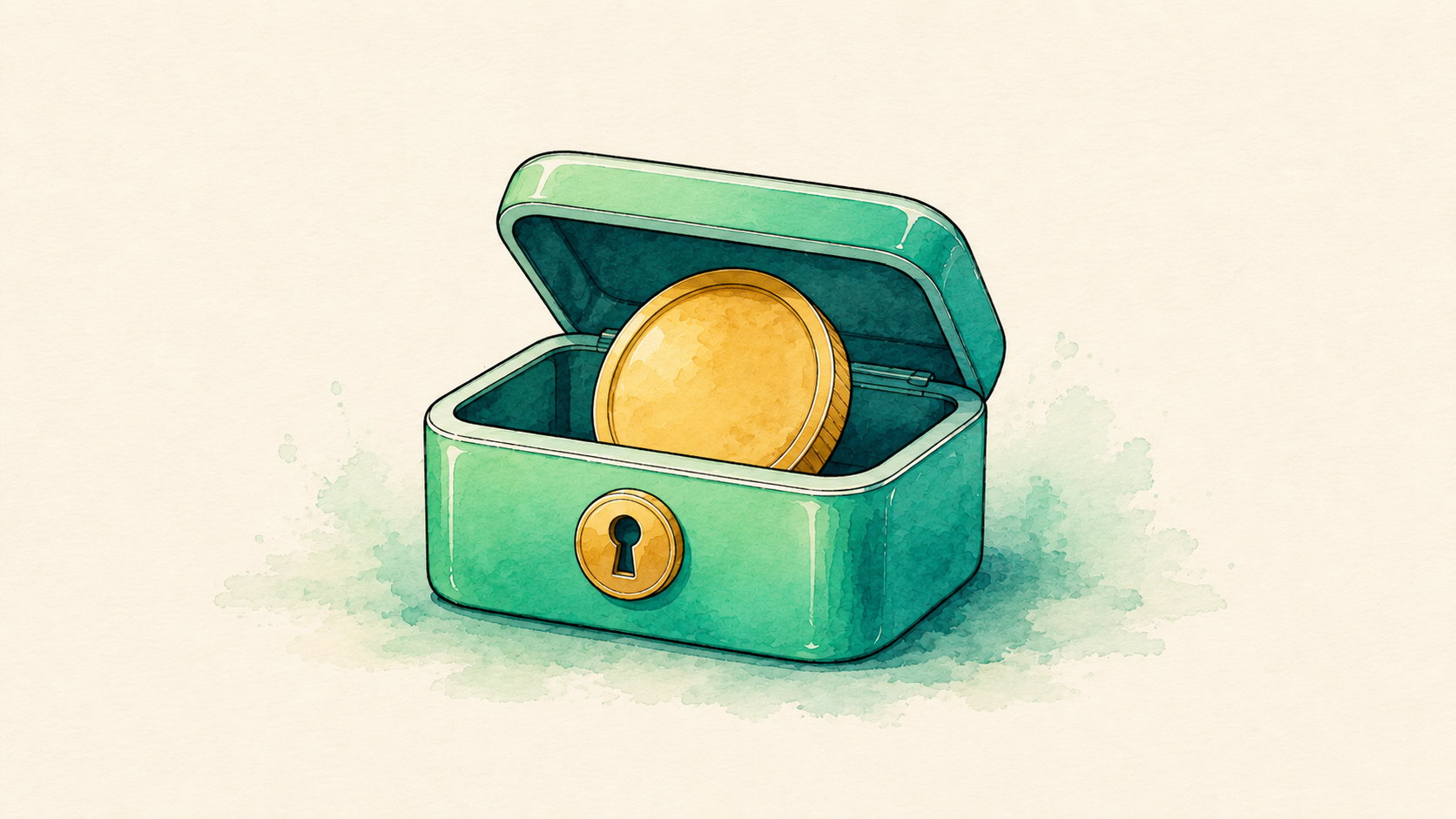 a gold coin tucked into a small green lockbox with a keyhole