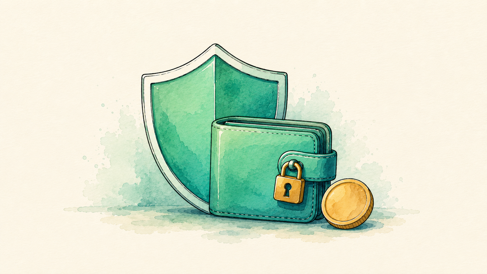 a green shield over a small wallet with a lock and a gold coin