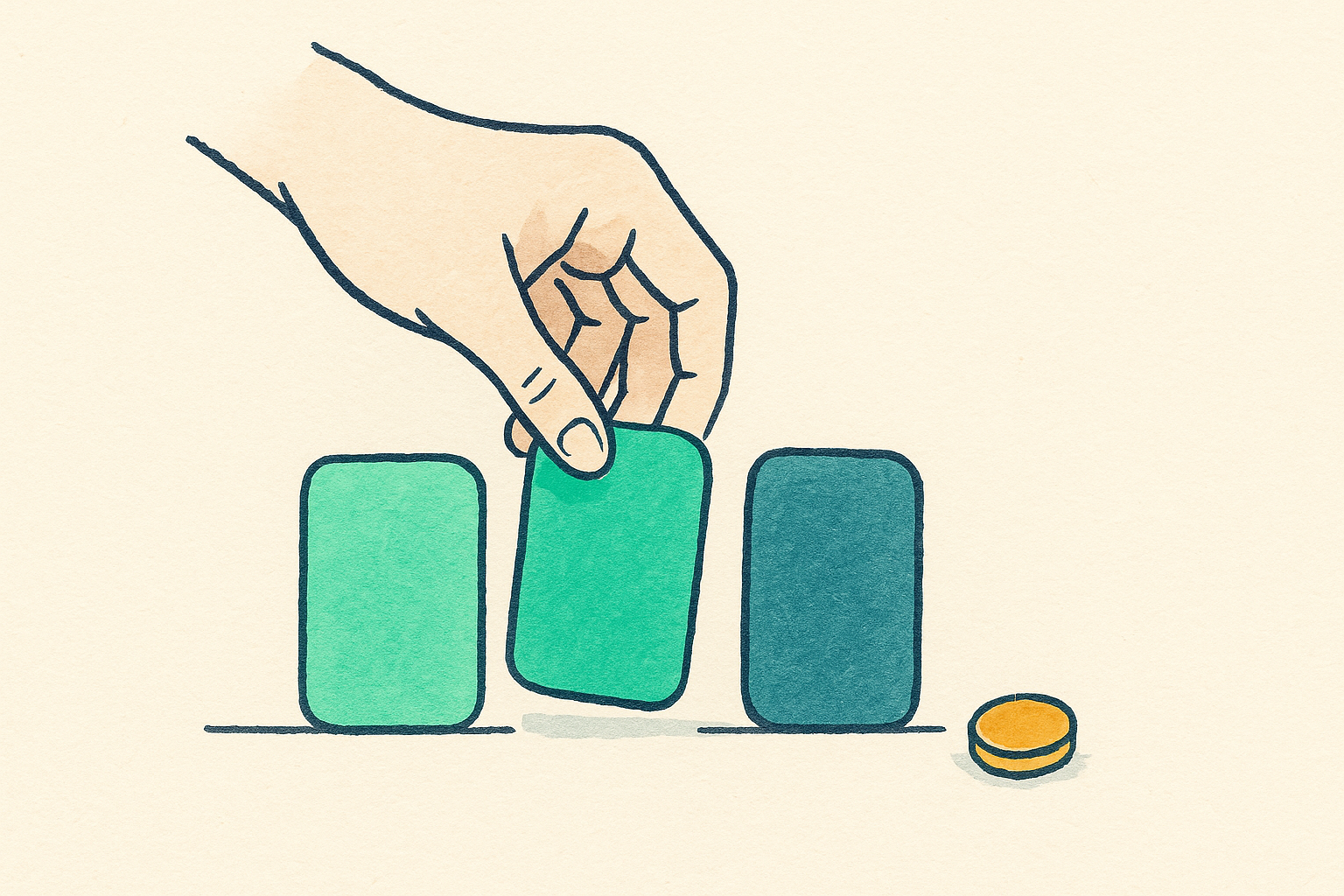 a friendly hand choosing one soft card from a row with a small coin