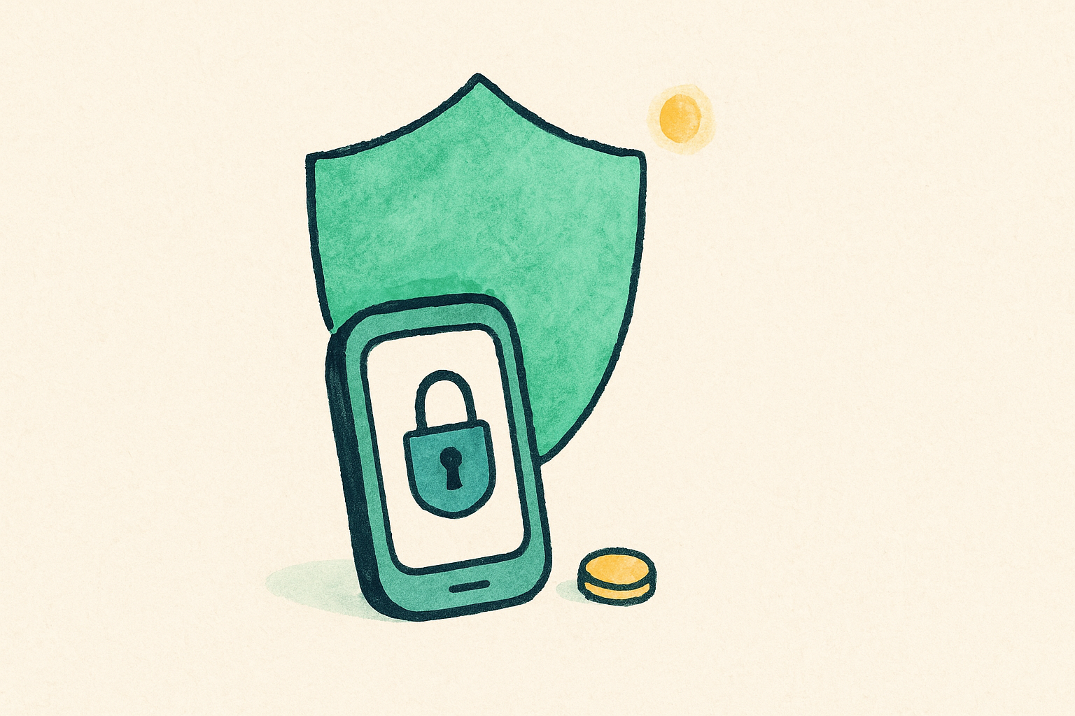 a soft shield over a small phone with a friendly lock and a coin