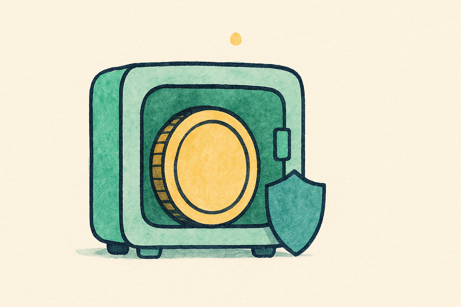 a gold coin in a green safe with a shield showing staked crypto kept secure