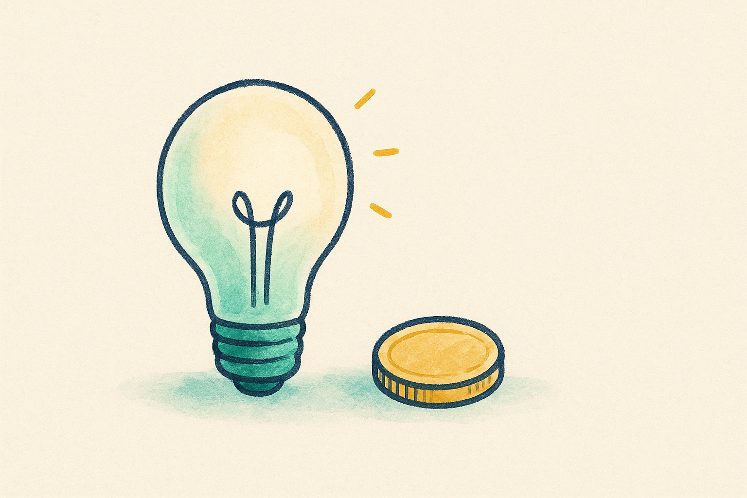 a glowing lightbulb beside a gold coin showing energy at work
