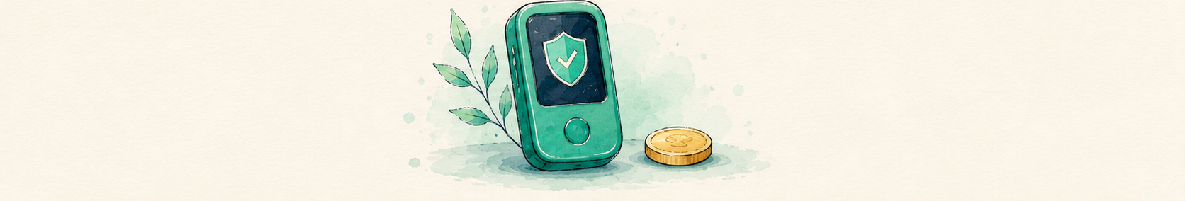 Soft illustration of a small handheld device with a shield beside a coin