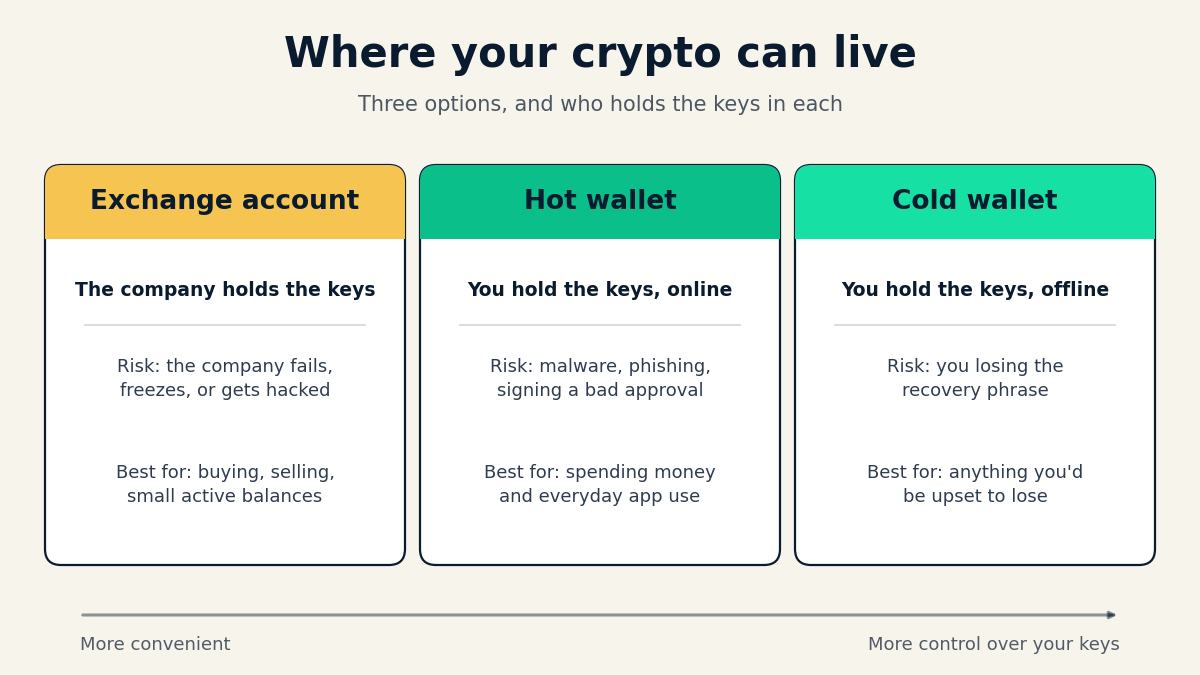 Chart comparing exchange accounts, hot wallets, and cold wallets