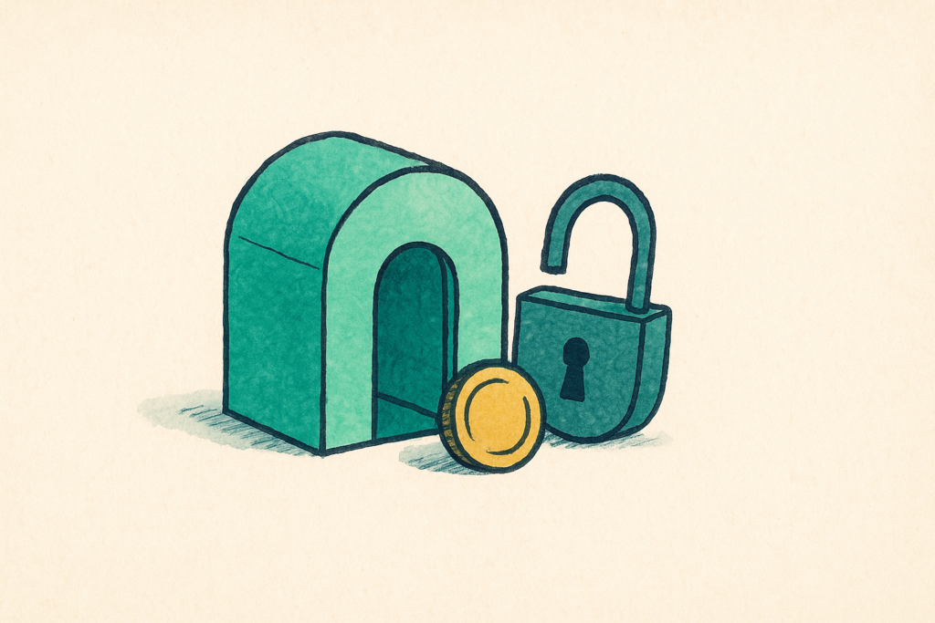 A coin resting outside a small building beside an open padlock