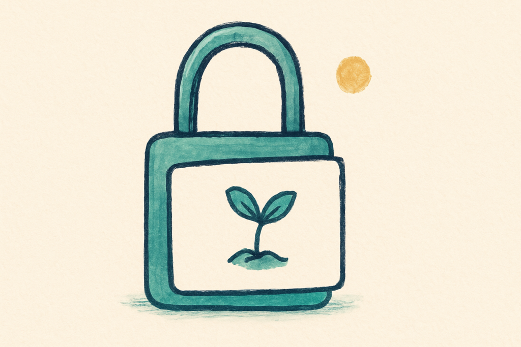 A padlock with a sprout seed motif on its face