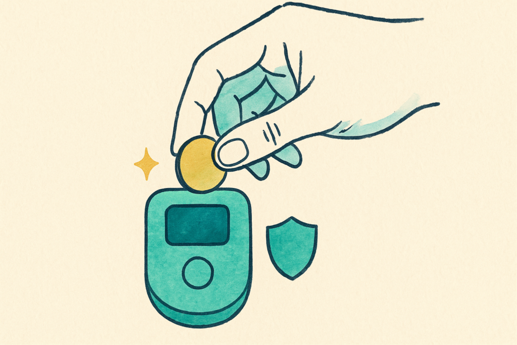 A hand placing a coin into a small handheld device beside a shield