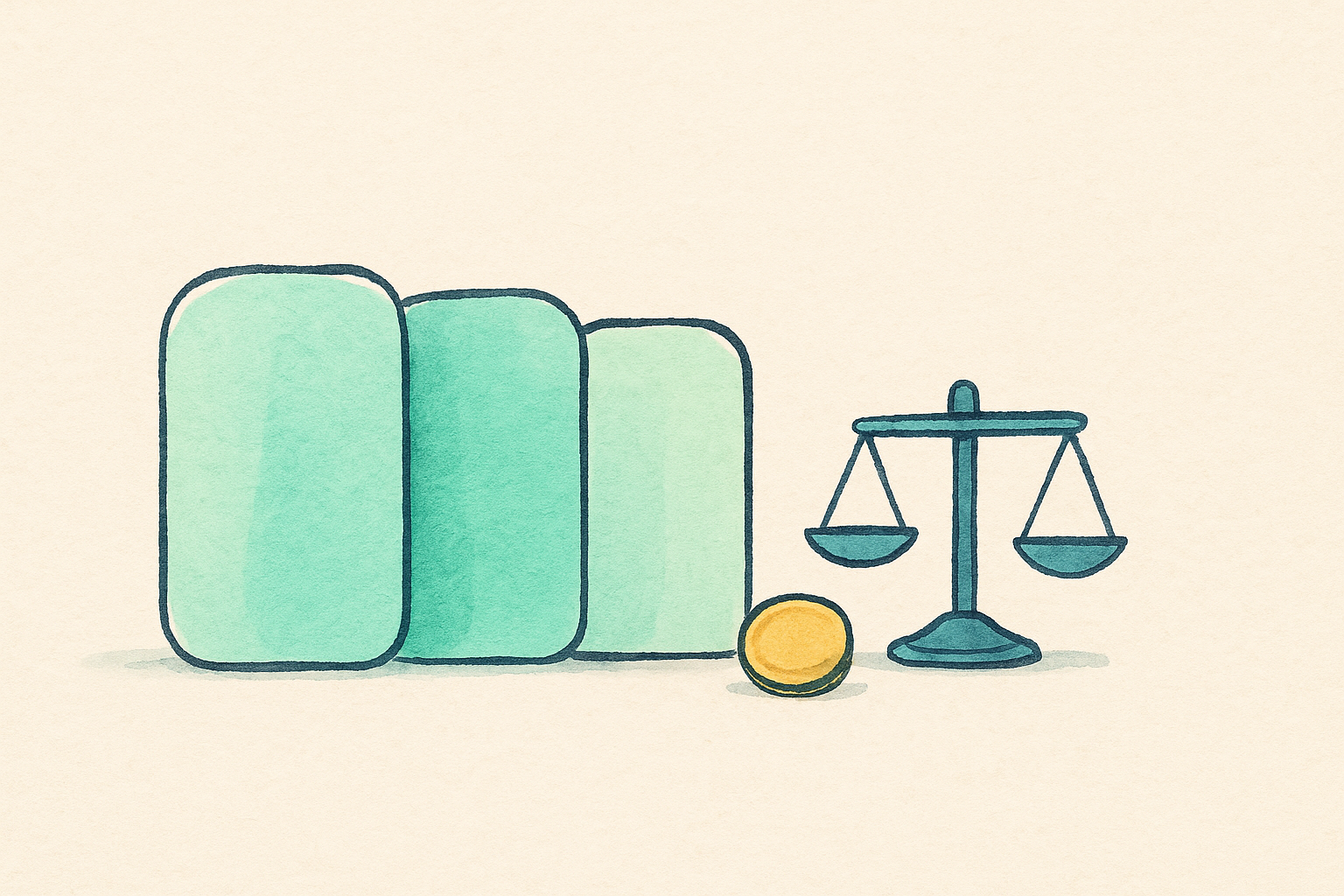 a row of comparison cards beside a balance scale and a coin