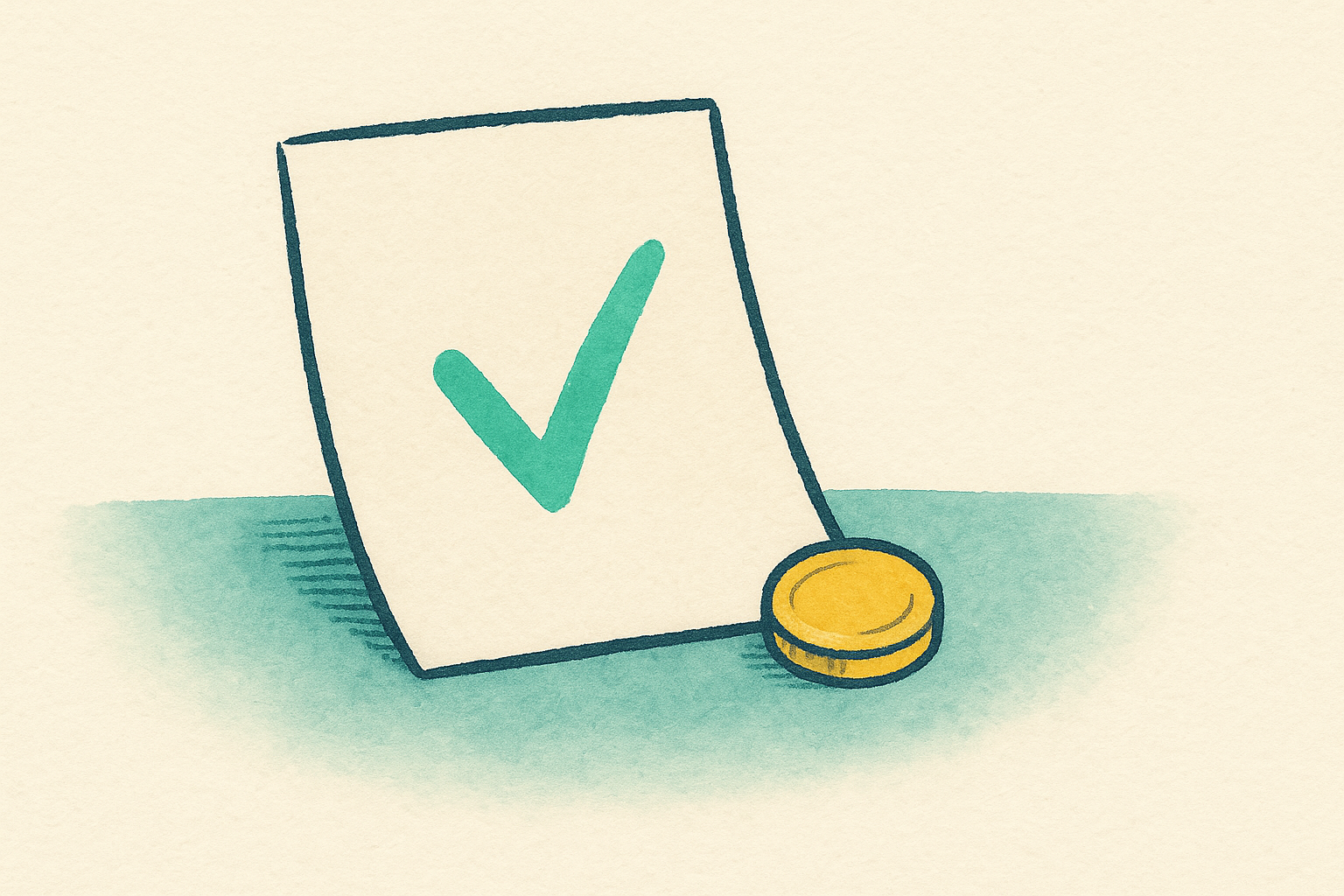 a tax document with a green checkmark beside a coin