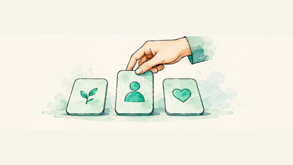 Illustration of a hand choosing one card from a row of three