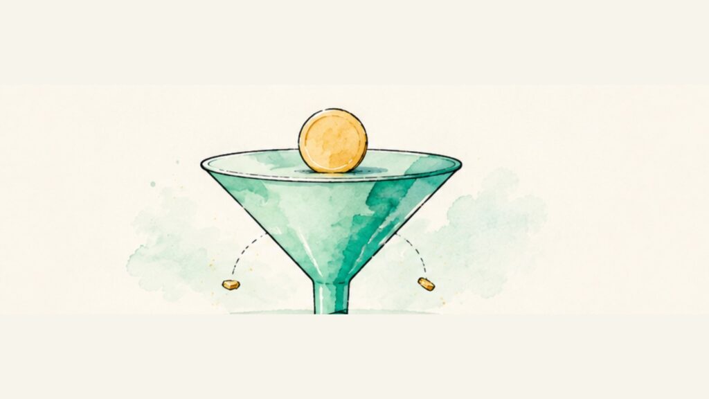 Illustration of a coin above a funnel with small coins slipping away