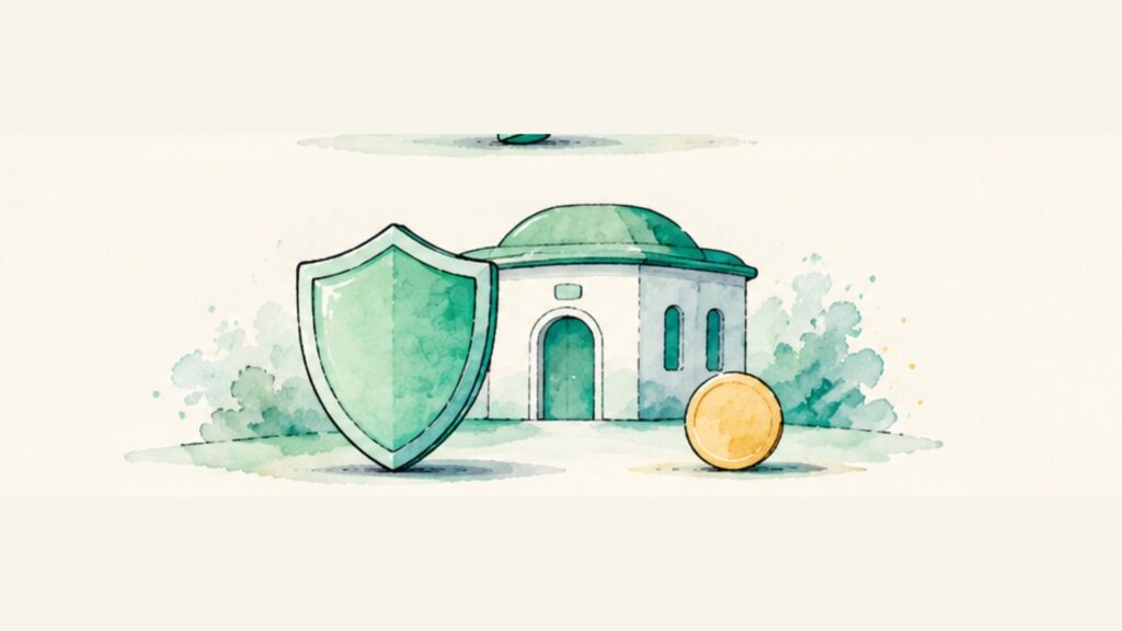 Illustration of a shield in front of a small building with a gold coin