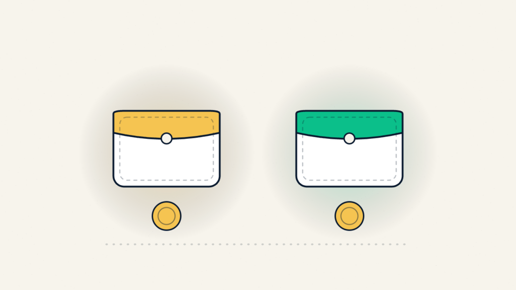 Two wallets side by side, one warm and one cool, with a coin beside each