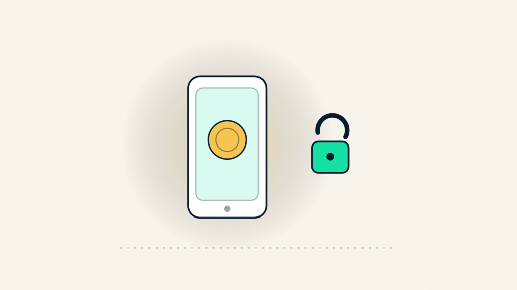 A phone with a coin on its screen beside an open padlock